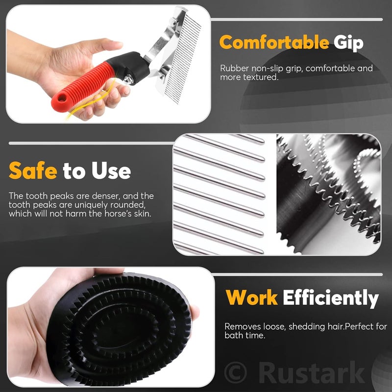 Rustark 3pcs Reversible Stainless Steel Curry Grooming Set with 4 Rings: Large Rubber Comb, Scotch Type Comb, Metal Brush for Cows, Sheep, Dogs, Goats, Horses - Image 3